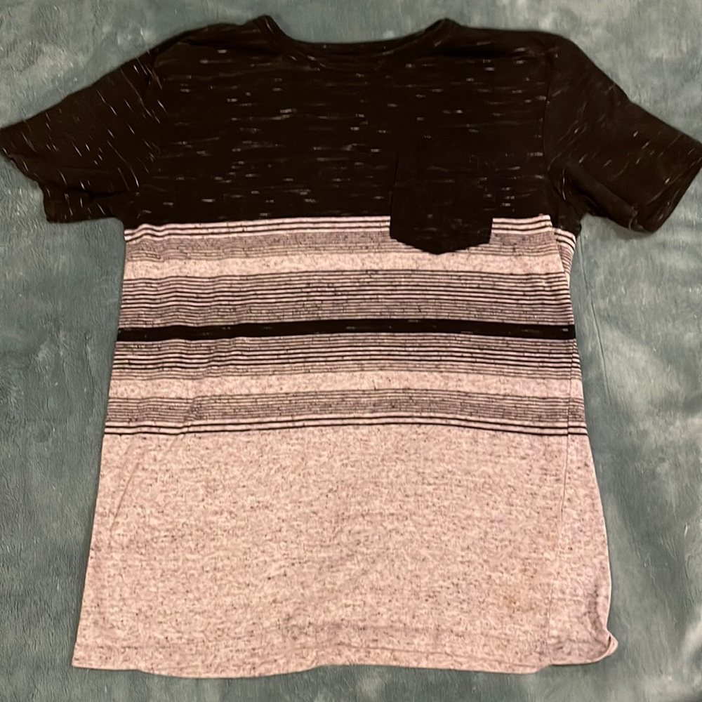 Stylish Gray & Black striped T-Shirt, chest pocket, YL (12-14)